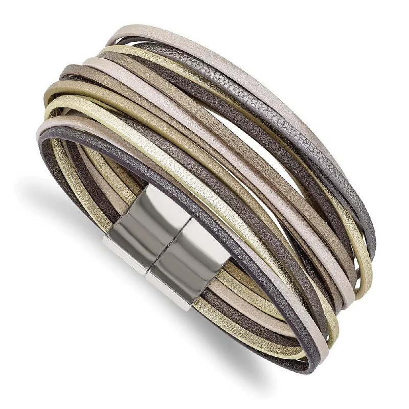 ladies bracelets subtle-Stainless Steel Polished Multi Strand Metallic Faux Leather 7.25in Bracelet