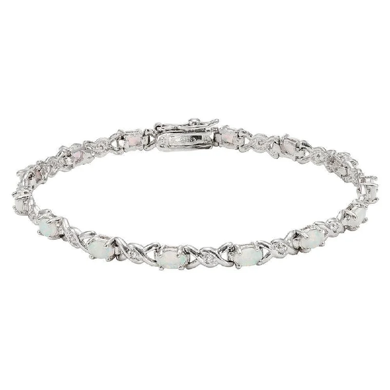 ladies bracelets indulgence-Sterling Silver Double X With CZ & Oval White Opal Bracelet