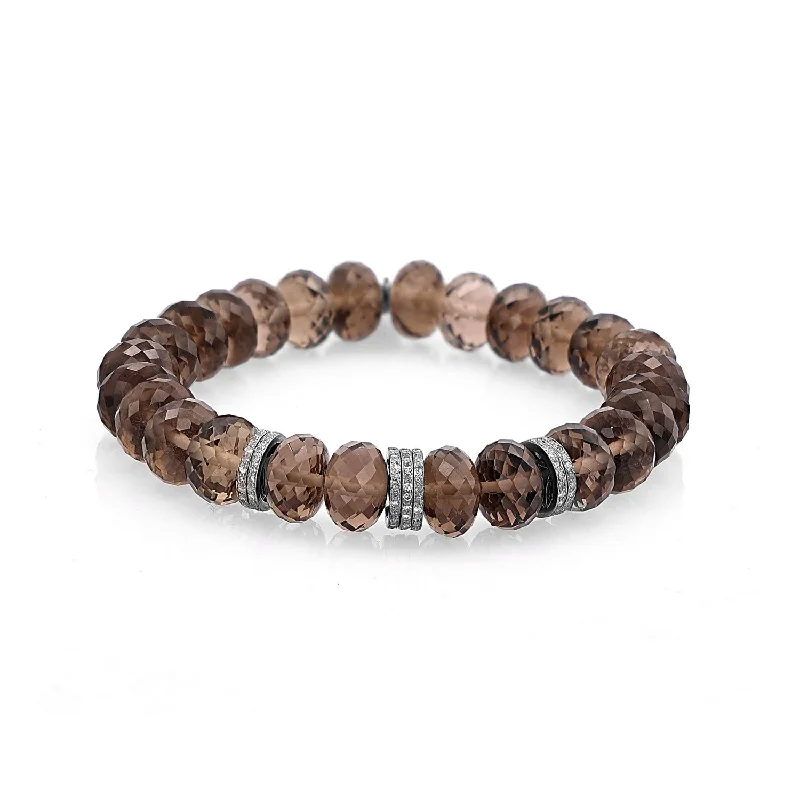 ladies bracelets premium quality-Smokey Quartz Faceted Bead Bracelet with 7 Diamond Rondelles - 10mm : B0003564