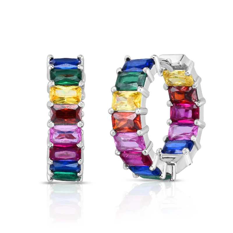 Ladies earrings cushion charm shine -Silver Rainbow CZ Baguette Hoop Earrings