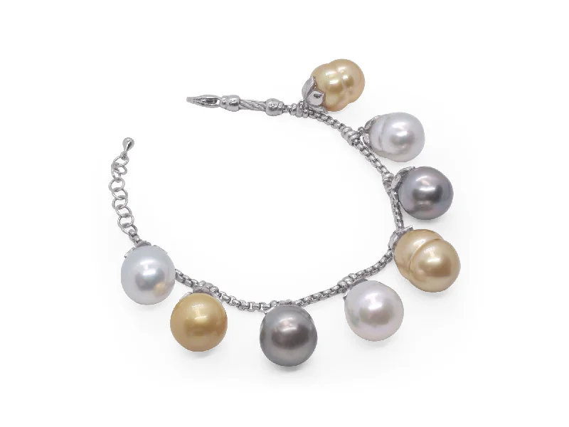 ladies bracelets emerald-ALOR Black, White & Yellow South Sea Pearl Charm Bracelet with Grey Chain