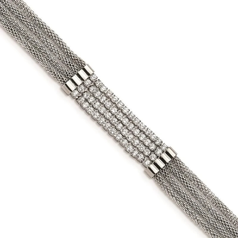 ladies bracelets bold design-Stainless Steel Polished with CZ Multi Strand w/1.5in ext 6.5in Bracelet