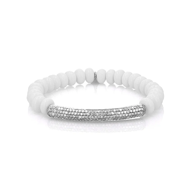 ladies bracelets vintage-White Agate Bracelet with Diamond Bar - 8mm : B0003709