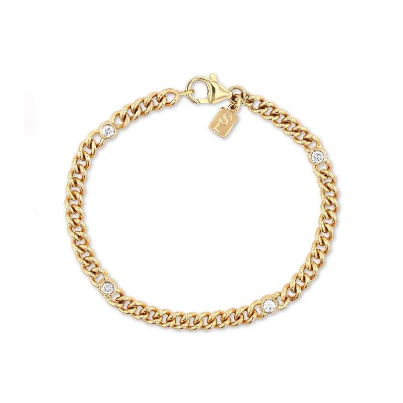 ladies bracelets link-14k Gold Curb Chain Bracelet with 4 Bezel Diamonds  BG000844