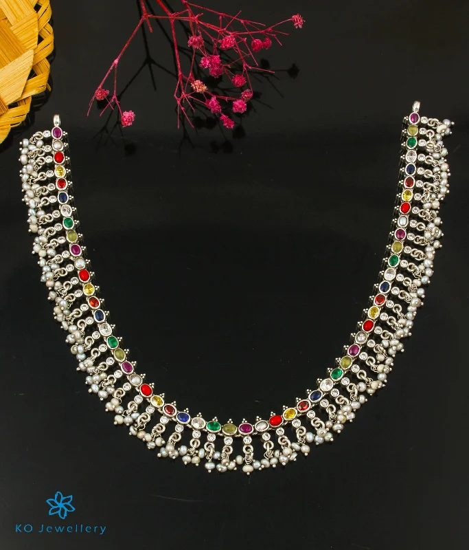 ladies necklaces sustainable-The Prerna Silver Navratna Necklace (Short/Oxidised)