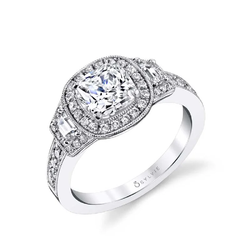 Ladies engagement rings heart shaped shine -Sylvie Vintage Inspired Three Stone Cushion Halo Engagement Ring S1372