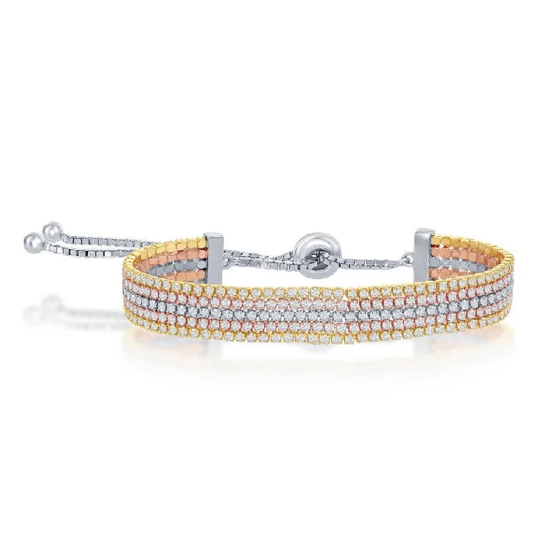 ladies bracelets summer-Sterling Silver Tri-Color Five Strand Tennis Adjustable Bracelet