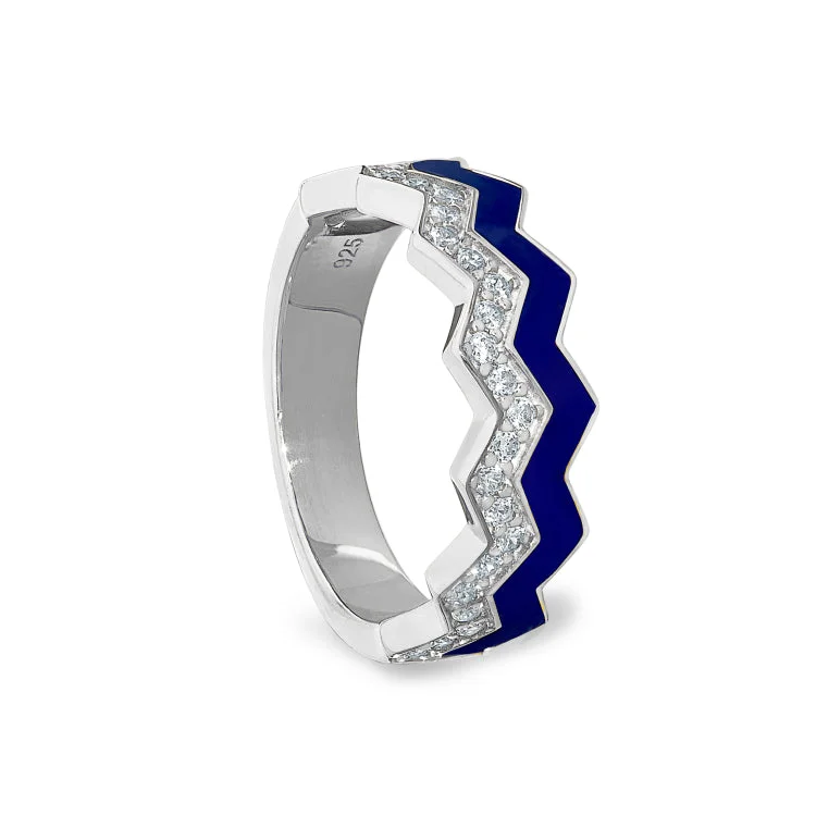 Ladies rings dawn glow -Platinum Finish Sterling Silver Micropave Ring with with Navy Enamel and Simulated Diamondss