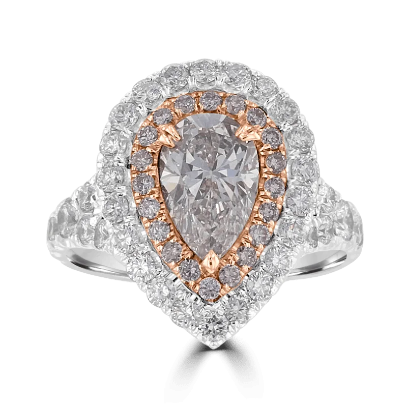 PLATINUM & 18KT GOLD 3.15 CTW LIGHT PINKISH BROWN DIAMOND DOUBLE HALO RING