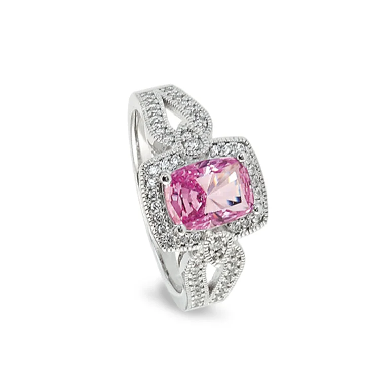 Ladies rings bond glow -Platinum Finish Sterling Silver Micropave Ring with Simulated Pink Ruby and Simulated Diamonds