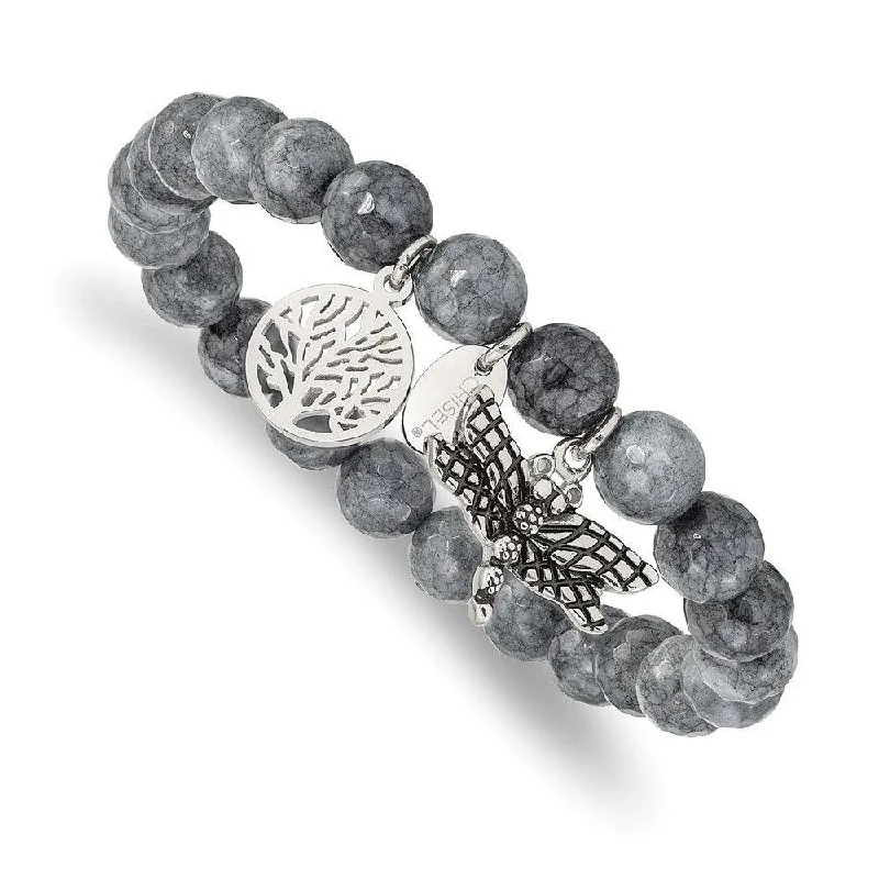 ladies bracelets sentimental-Stainless Steel Antiqued & Polished Dragonfly Grey Dyed Jade Bracelet