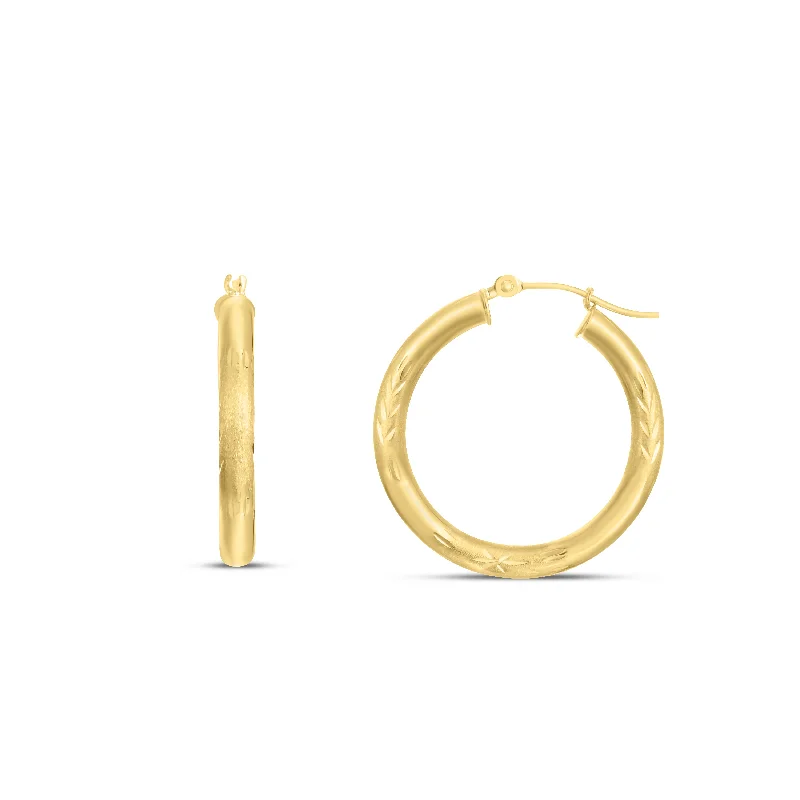 Ladies earrings bare glow -14K Yellow Gold 3mm Diamond Cut & Polished Design Hoop Earring