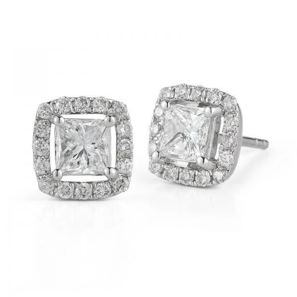 Ladies earrings fame glow studs -14KT WHITE GOLD 1/4 CTW HALO PRINCESS CUT DIAMOND EARRINGS