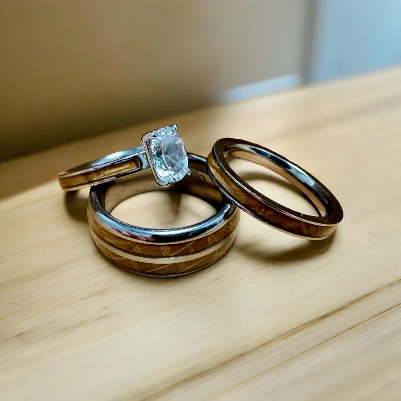 Ladies rings grip radiance -“The Bourbon Trio Bridal Set” Reclaimed Bourbon Barrel Ring™ In Brilliant White Titanium With Oval Cut GenuineWhite Topaz