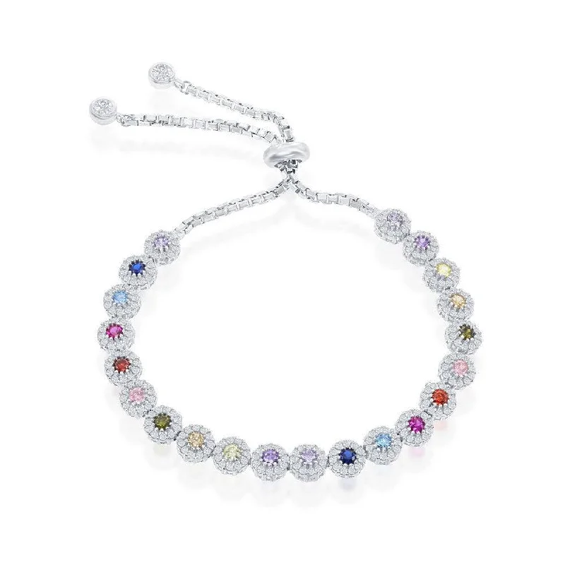 ladies bracelets free shipping-Sterling Silver Round Rainbow CZ Adjustable Bolo Bracelet