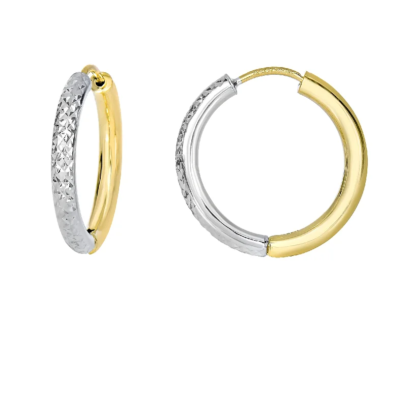 Ladies earrings ornate shine -14K Yellow & White Gold Diamond Cut Hoop Earring