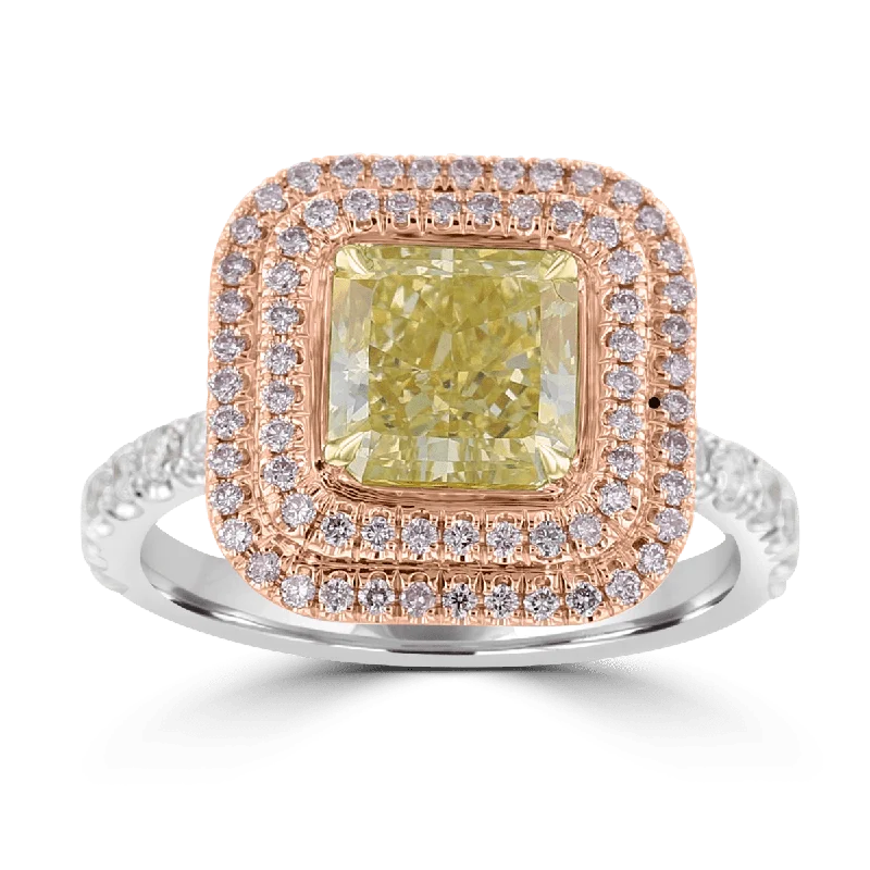 Ladies rings bloom shine -18KT TWO-TONE GOLD 2.75 CTW GREENISH YELLOW & PINK DIAMOND DOUBLE HALO RING