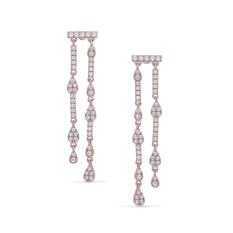 Ladies earrings root radiance -Rose Gold Finish Sterling Silver Micropave Two Row Drop Earrings with Simulated Diamonds