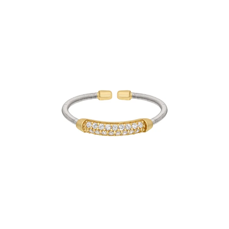 Ladies rings bold glow ring -Rhodium Finish Sterling Silver Single Cable Cuff Ring with Gold Finish Double Row Simulated Diamonds