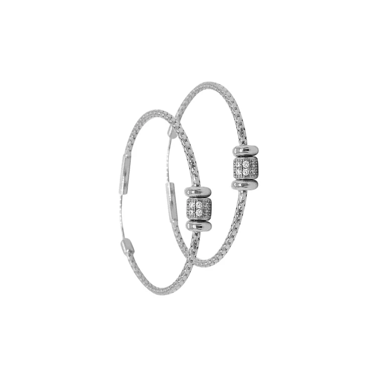 Ladies earrings buy radiance -Rhodium Finish Sterling Silver Corean Cable Hoop Earrings with a Barrell with Simulated Diamonds