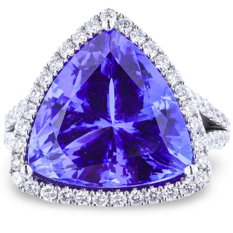 Ladies rings hand glow ring -JULEVE 18KT WHITE GOLD 13.58CT TANZANITE & 1.69CTW DIAMOND HALO RING