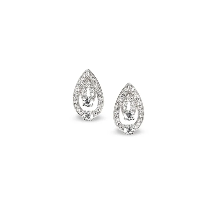 Ladies earrings cushion charm shine -Platinum Finish Sterling Silver Micropave Two Stone Tear Drop Earrings with Two 120 Facet Simulated Daimonds