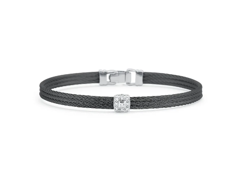 ladies bracelets geometric-ALOR Black Cable Classic Stackable Bracelet with Single Square Station set in 18kt White Gold