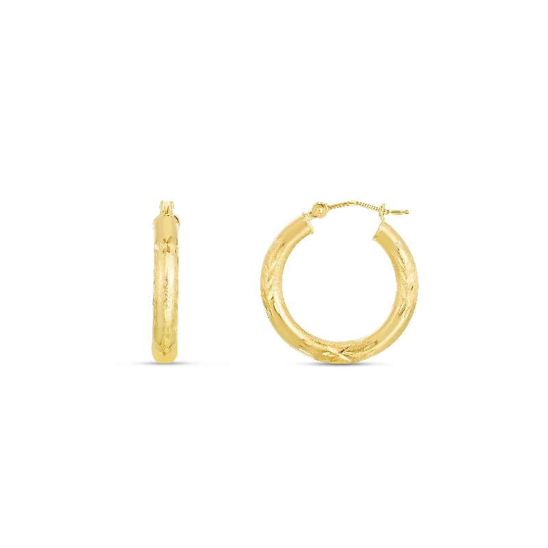 Ladies earrings chill charm -14K Yellow Gold 3mm Diamond Cut & Polished Design Hoop Earring