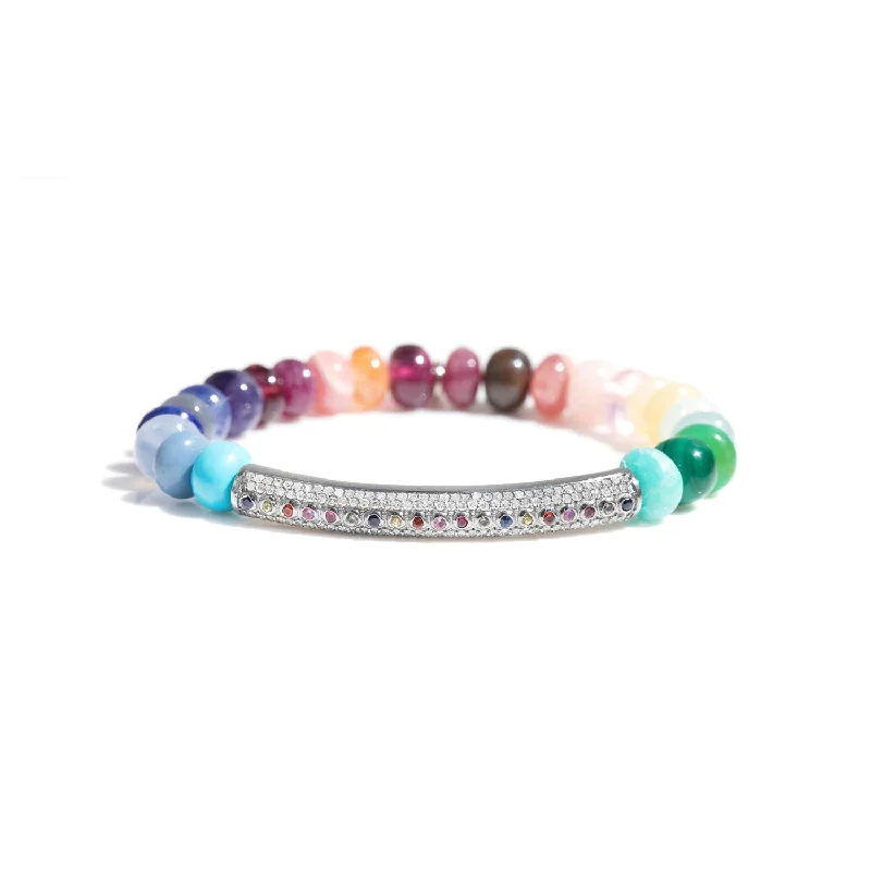 ladies bracelets vintage inspired-Rainbow Gemstone Mix Bracelet with Pave Diamond Bar - 8mm : B0003486