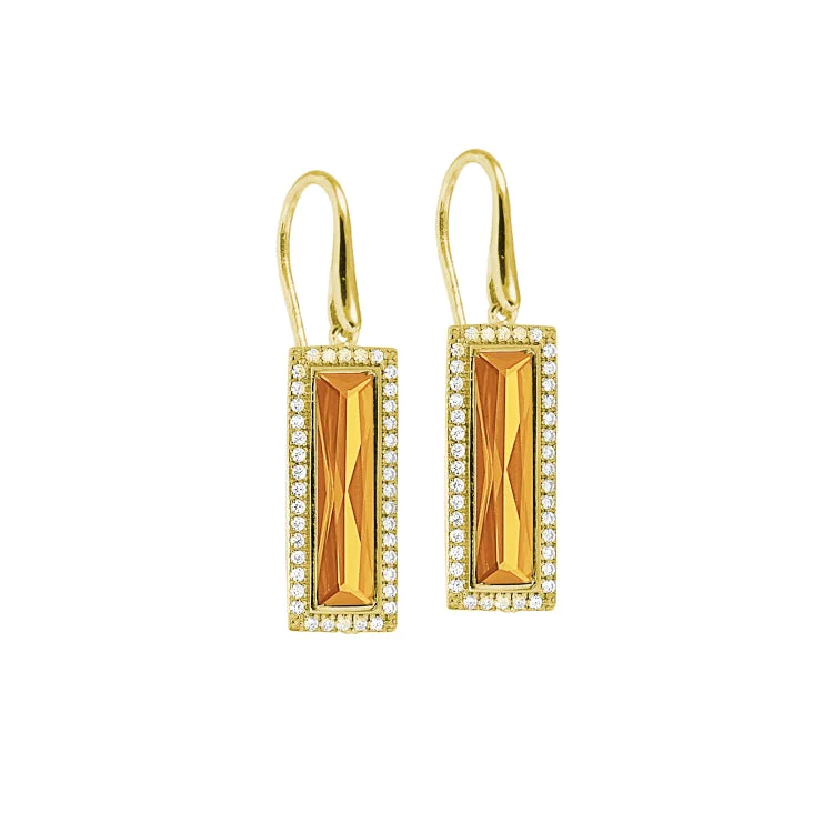 Ladies earrings dip charm -Gold Finish Sterling Silver Earrings with Rectangular Simulated Citrine Stones and Simulated Diamonds