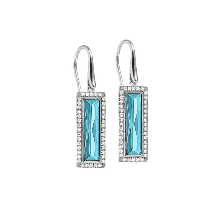 Ladies earrings flare charm -Rhodium Finish Sterling Silver Earrings with Rectangular Simulated Aquamarine Stones and Simulated Diamonds