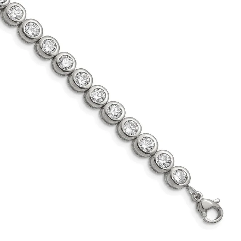 ladies bracelets anniversary-Stainless Steel Polished CZ Tennis w/ 1in ext. Bracelet