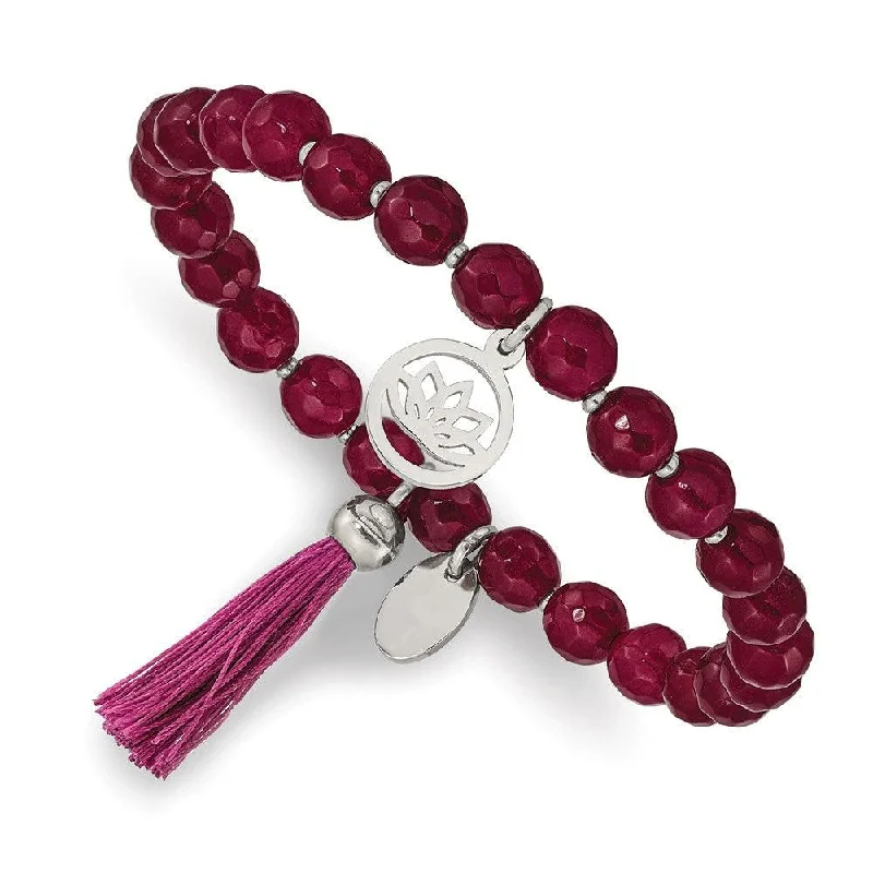 ladies bracelets materials-Stainless Steel Polished Lotus w/Tassel Pink Jade Beaded Stretch Bracelet