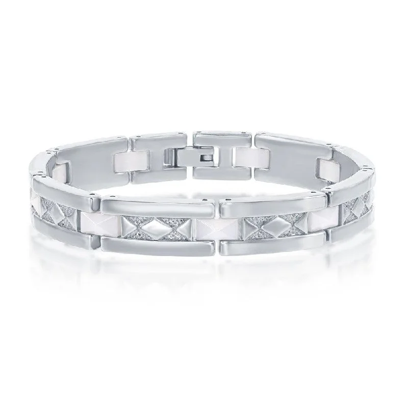 ladies bracelets energy-Stainless Steel White Ceramic with Diamond Shaped Bracelet, 8.5"