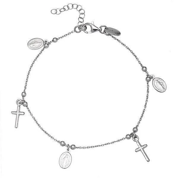 ladies bracelets limited edition-Sterling Silver Cross and Medal Charm Bracelet, 7"