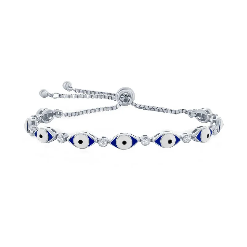 ladies bracelets lightweight design-Classic Women's Bracelet - Sterling Silver Blue Enamel Evil Eye with CZ | T-8019