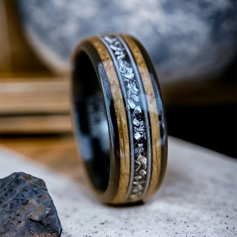 Ladies rings vibe charm -“The Space Cowboy”  ✓Kentucky Bourbon Barrel™✓Black Ceramic ✓Guitar String ✓Meteorite