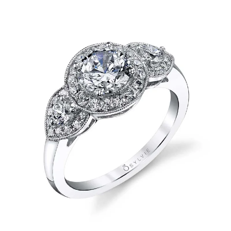 Ladies engagement rings oval gem shine -Sylvie Vintage Three Stone Engagement Ring With Halo S1226