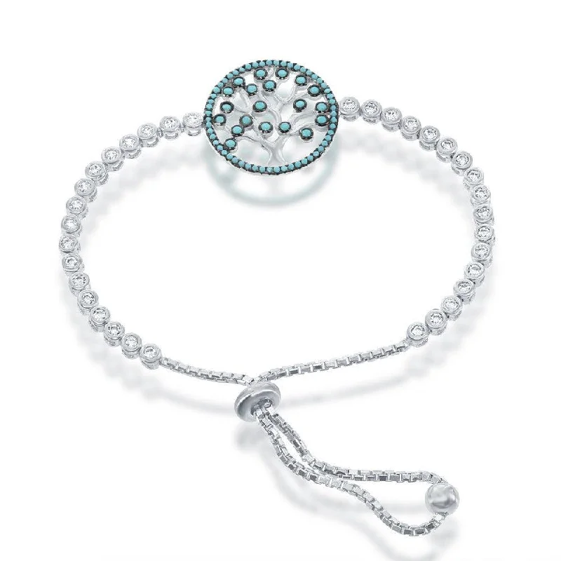 ladies bracelets offers-Sterling Silver Adjustable Round Turquoise and CZ Tree Bracelet