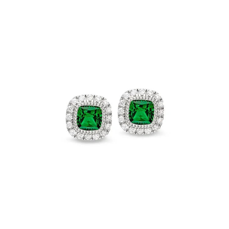 Ladies earrings fine charm -Platinum Finish Sterling Silver Micropave Simulated Emerald Earrings with Simulated Diamonds