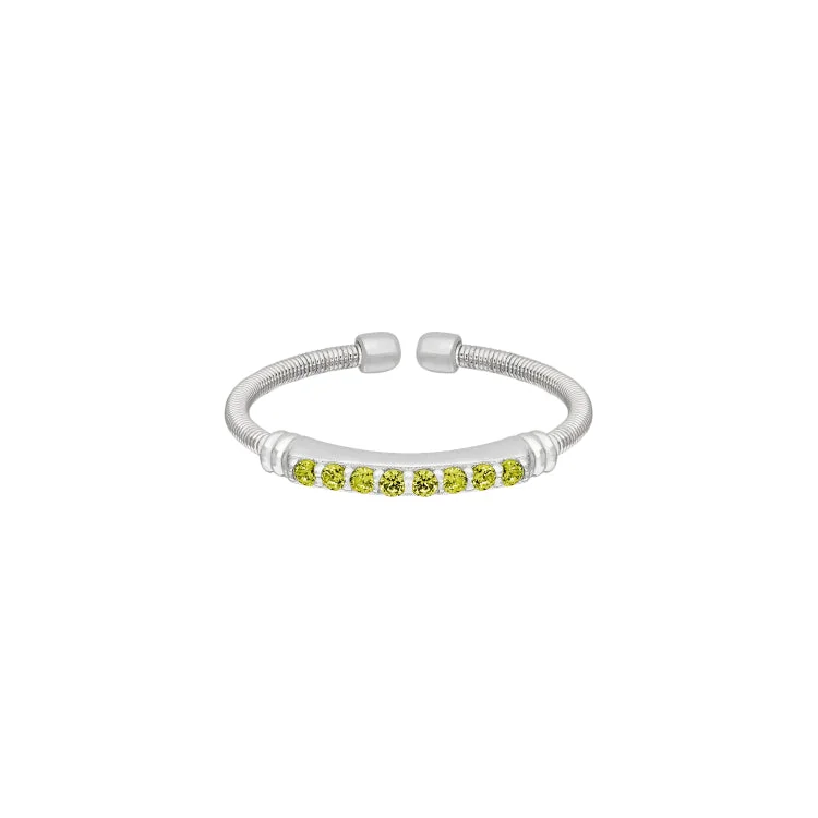 Ladies rings edge glow ring -Rhodium Finish Sterling Silver Cable Cuff Ring with Simulated Peridot Birth Gems - August