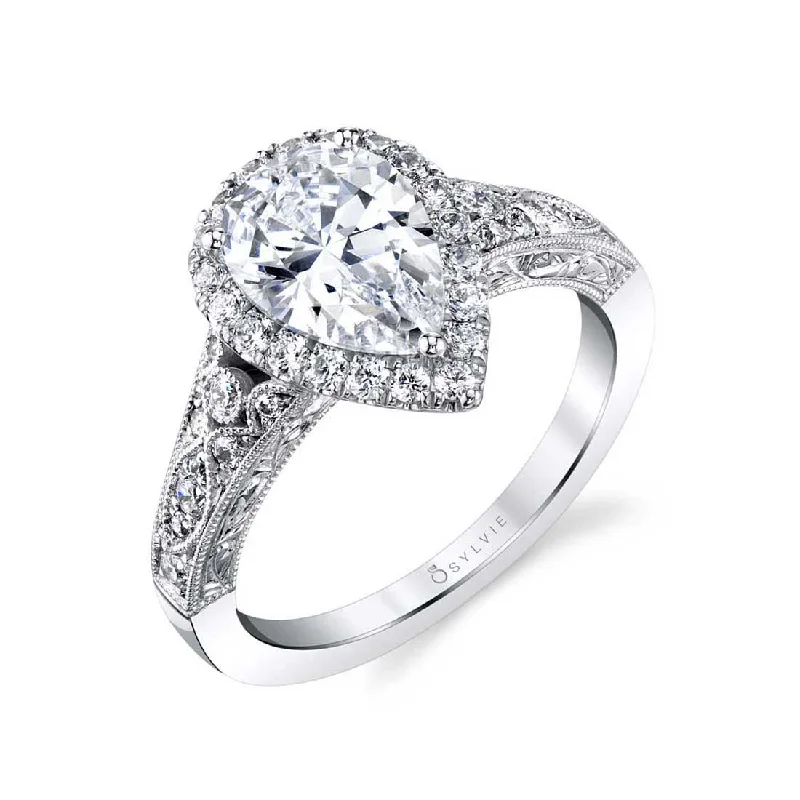 Ladies engagement rings save charm -Vintage Pear Shaped Halo Engagement Ring S1909