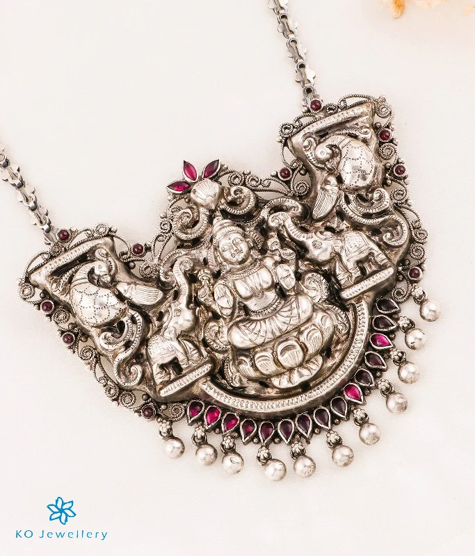 ladies necklaces sterling silver-The Padmalaya Lakshmi Silver Nakkasi  Necklace