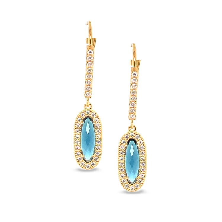 Ladies earrings rugged glow -Gold Finish Sterling Silver Micropave Oblong Earrings with Simulated London Blue Topaz and Simulated Diamonds