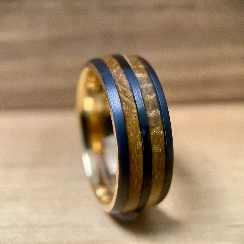 Ladies rings vivid statement -“The Whiskey” Tungsten Ring With Reclaimed Bourbon Whiskey Barrel Wood And Rose Gold Color