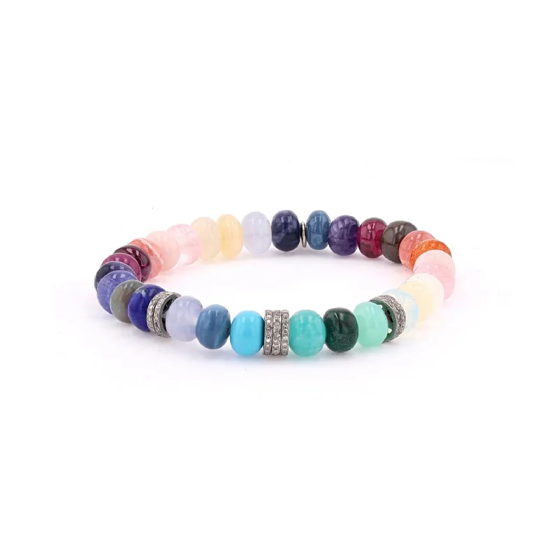 ladies bracelets splurge-Rainbow Gemstone Mix Bracelet with 7 Pave Diamond Rondelles - 8mm  B0003485