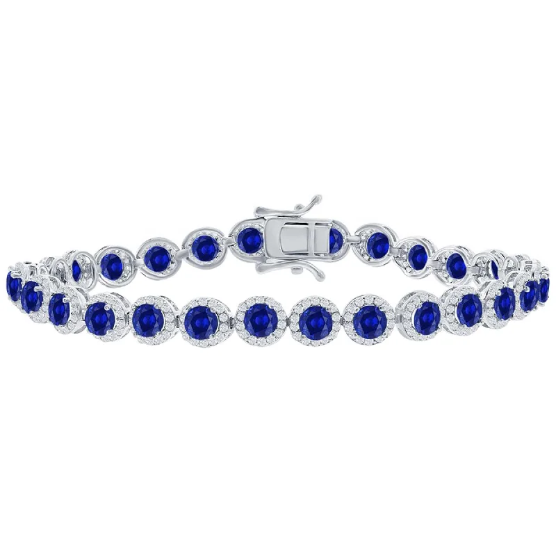 ladies bracelets spring-Classic Women's Bracelet - Silver Round Halo White and Sapphire CZ Tennis | T-7973