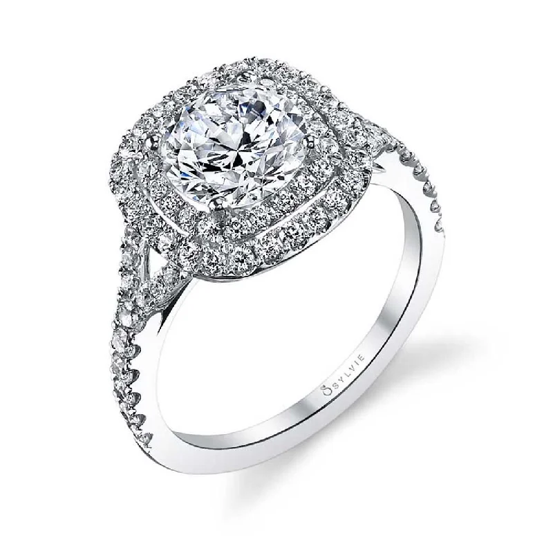 Ladies engagement rings cut price shine -Sylvie Classic Double Cushion Halo Engagement Ring S1128