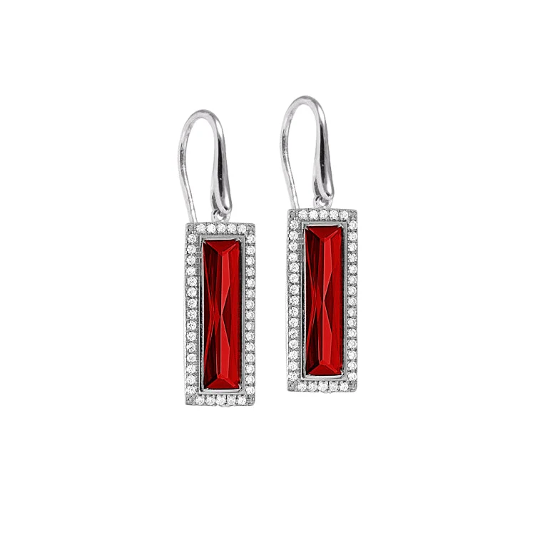 Ladies earrings ridge shine -Rhodium Finish Sterling Silver Earrings with Rectangular Simulated Garnet Stones and Simulated Diamonds