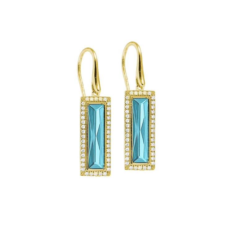 Ladies earrings green shine studs -Rhodium Finish Sterling Silver Earrings with Rectangular Simulated Aquamarine Stones and Simulated Diamonds